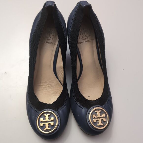 Tory Burch Caroline Navy Blue Ballet Pump Wedges Women's Size 5M Multi Color - Picture 2 of 8